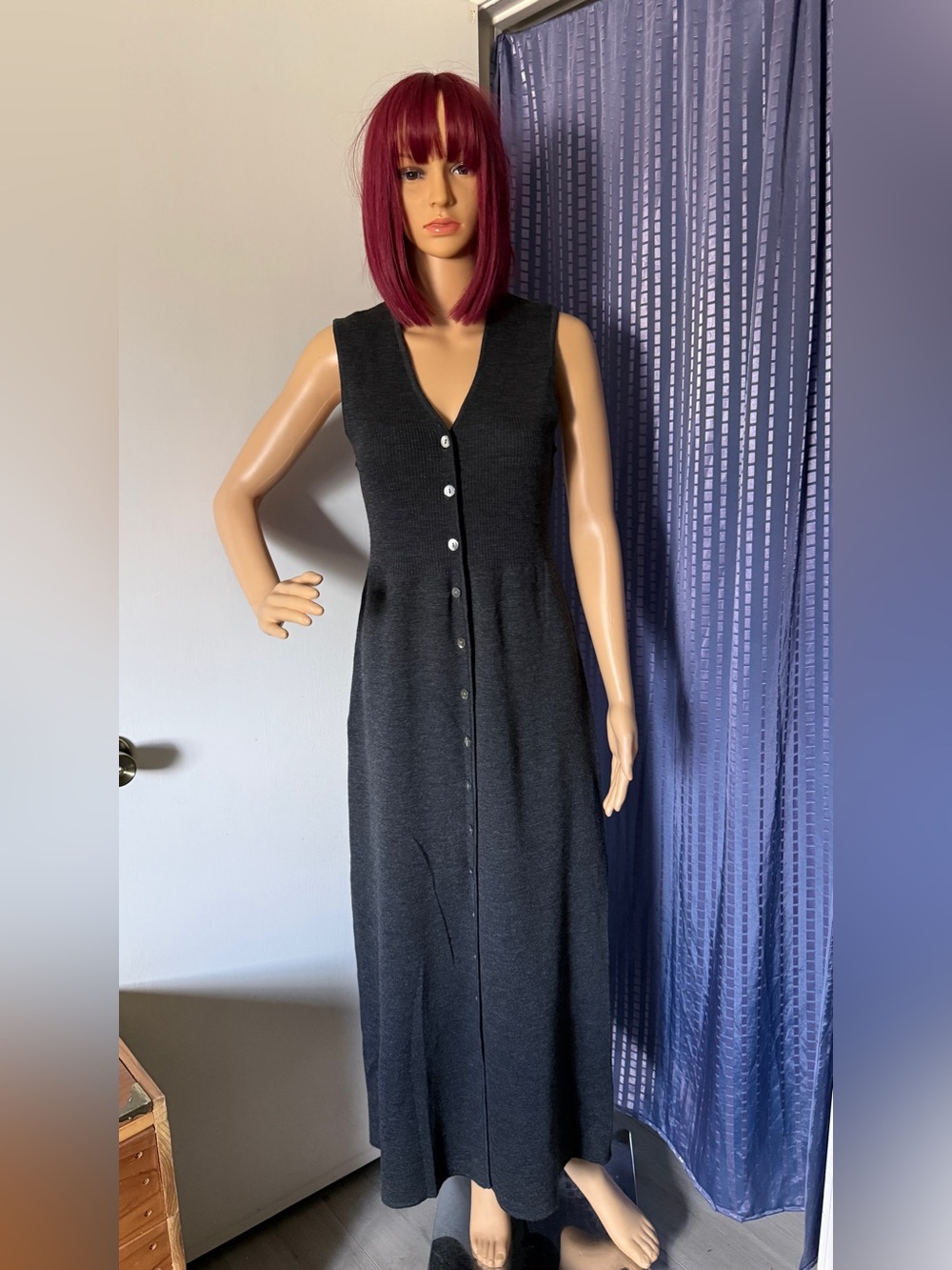 Preview Collection 100% Merino Wool Maxi Dress M Tall Gray Button Front
